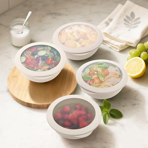 Image of Wheat Straw Bowls Set with Lids, Unbreakable 40 OZ Large Cereal Bowls Set of 4, Salad Container for Lunch, Microwave & Dishwasher Safe Bowl Set for Kitchen, Picnic, RV, Camping, Beige