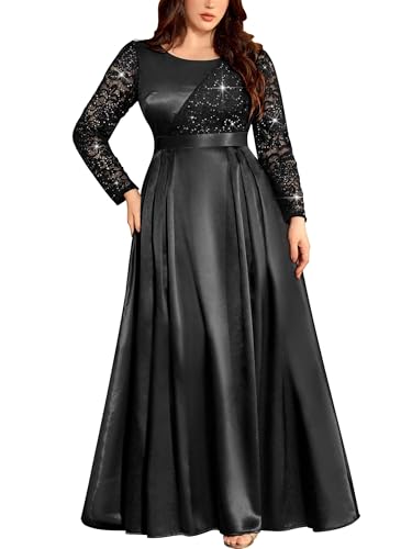 MISSMAY Women's Plus Sequin Lace Formal Evening Gown Satin Dress Black