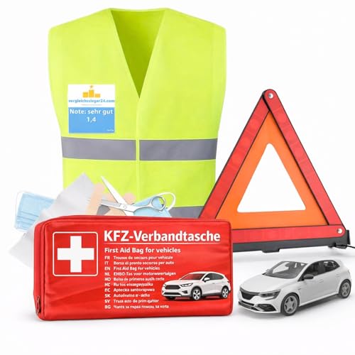 TK Gruppe Timo Klingler 3 in 1 - Auto Erste Hilfe Set 2026 - KFZ Verbandskasten Pkw & Warnweste & Warndreieck Set - Autozubehör & Pannenset & Unfall - Geprüft & Norm