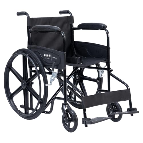 Image of AGEasy (Max Group) Foldable Wheelchair with Safety Seat Belt, Padded Armrests, Footrest & Adjustable Calf Support, 100 kg Capacity | Self-Propelled & Attendant Use | Easy to Move for Indoor & Outdoor Use | Elderly & Patient Care