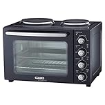 Cooks Professional Mini Portable Oven with Hobs | Energy Efficient Electric Countertop Cooker with Two Hot Plate Hobs & Wire Rack Baking Tray | Kitchen Table Ovens | 34L Capacity | Black and Silver