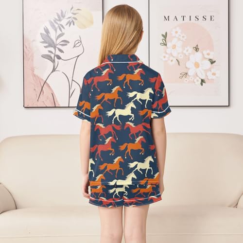 Cartoon Silhouettes Of Horses Summer Satin Pajama Set, Cute Button-Down Sleepwear Pj Set for Sleep Wears4
