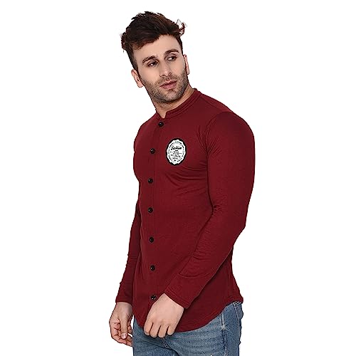 Image of Geum Men's Mandarin Collar Shirt | Slim Fit Full Sleeve Casual Shirt with Printed Chest Logo | Soft Cotton Blend Stylish Button Down for Party, Office