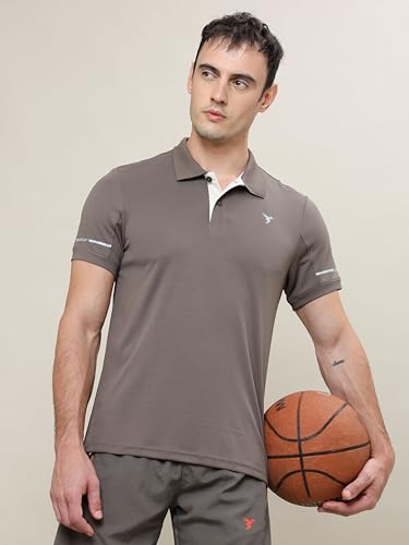 Image of TECHNOSPORT Men's Solid Slim Fit Polo Collar T-Shirt TECHNOCOOL+ Half Sleeve Button Polyester for Gym Running Workout UPF50+ Anti Odour