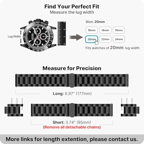 Image of Fullmosa 20mm Stainless Steel Watch Band, Quick Release Metal Replacement Strap with Removable Links, Includes Spring Bars & Link Removal Tool for Men Women (Black)