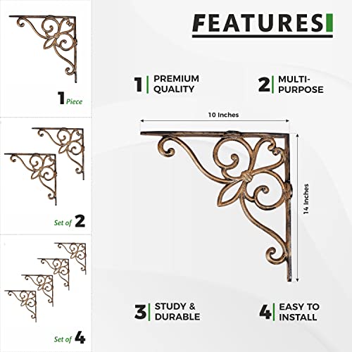 Image of Sharpex Wall Mounted Metal Bracket | Decorative Wall Hook Plant Hanger for Hanging Pots, Bird Feeders, Flower Baskets, Planters, Lanterns, Lamps, and Wind Chimes for Indoor /Outdoor Use (Gold, 4 Pc)