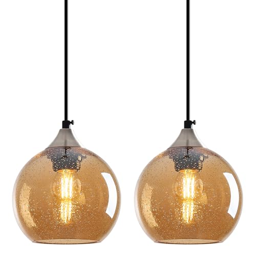 Image of Amber Glass Pendant Lights Kitchen Island Globe Pendant Light Fixtures Modern Pendant Lighting for Bedroom Living Dining Room Light Fixture (5.9 in, 2 Pack)