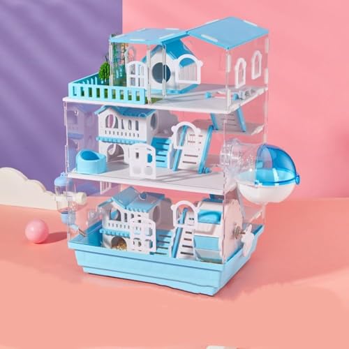 ハムスターケージ 透明 可愛い 贅沢セット 回し車 給水ボトル バスルーム 大型 飼育 餌入れ ハウス付き お掃除しやすい 広い 通気性 組立式 エコなアクリル製 ハムスター用 透明 磁気設計 多層 (ブルーB,3層)