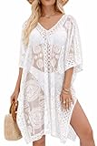Women's Swimwear Cover-Up for Beach and Pool, Lace V-Neck Swimsuit Dress, Bikini Cover-Up, White