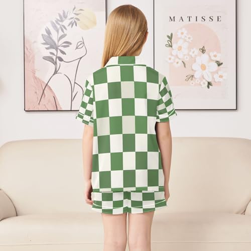 senya Pajama Sets Silky Button Down Nightwear Sleepwear Size 5-14 Years Green and White Checkered4