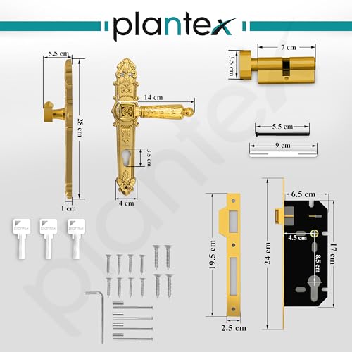 Image of Plantex Main Door Lock Handle Set /6-Lever Lock Mechanism with 3 Years of Warranty /Mortise Door Lock with 3 Keys, Brass Lockbody & Cylinder(657- Gold)