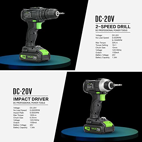 GALAX PRO 20V 2-speeds Drill Driver and Impact Driver Combo Kit, Cordless, 1pcs 1.3Ah Lithium-Ion Batterie, Charger Kit, 11pcs Accessories and Tool Bag