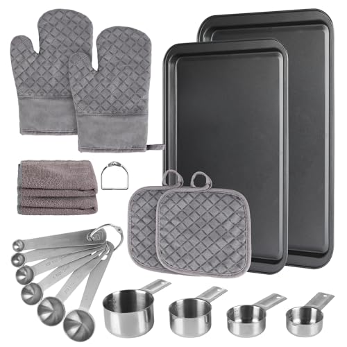 18pcs Non-Stick Baking Sheet Set,Cookie Sheets for Baking with Stainless Steel Measuring Cups & Spoons,Oven Mitts and Pot Holders,Kitchen Gadgets for Cooking & Baking