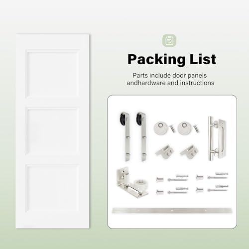 Image of 36 inch x 80 inch Presembled 3-Lite Molded Panel Barn Door with 72 inch Track Kit, Solid MDF Sliding Barn Door for Closet Kitchen Bedroom Pantry, Excellent Sound & Thermal Insulation, Nickel-Plated Hardware Kit