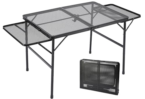 SKIKEN Folding Family Camping Table with 2 Wing Panels, Metal Grill Table with Mesh Tabletop, 2 Adjustable Heights, Large Picnic & Outdoor Table, 2 Side Shelves, Lightweight (3x2 FT, Black)