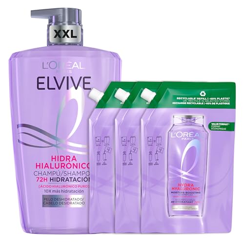 L'Oréal Paris Elvive Hidra Hialurónico Pack 1 Champú 72 horas de Hidratación 1 L + 3x Champú 72h de Hidratación refill 500ml