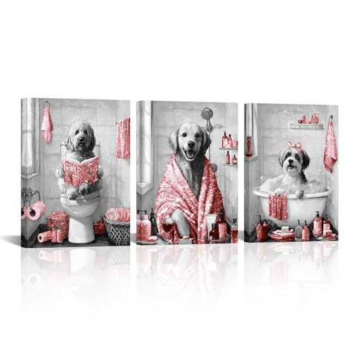 Image of sechars Funny Dogs Bathroom Wall Art Grey and Red Bath Decor Cute Animal Painting Canvas Print (Red)