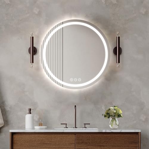 Ratsamee LED Bathroom Vanity Mirror with LED Lights - 500mm Round Anti-Fog Wall Mirror, 3-Color Dimmable Frontlit Illumination for Makeup, Wall Mounted Bathroom Lighting