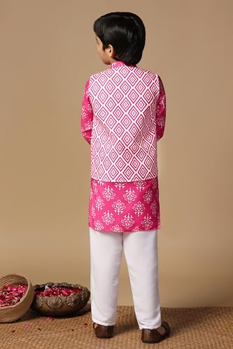 Image of Fashion Dream Boy's Cotton Blend Printed Kurta Pyjama And Jacket Set|Kurta And Payjama Set