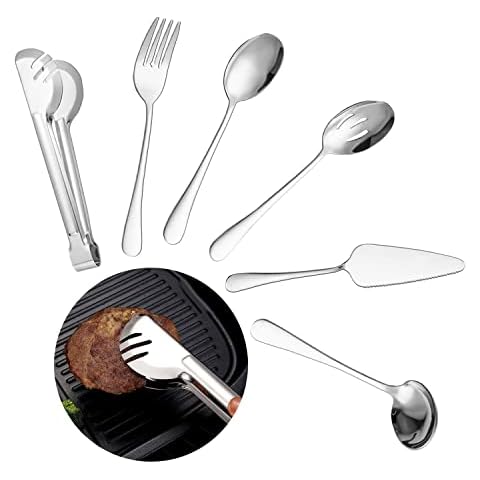 Serving Utensils Set 10 Pieces - Large Serving Slotted Spoons, Forks,Spoons, Tongs Soup Ladle, Pie Server Stainless Steel Buffet Catering Dishwasher Safe (Silver) Cover