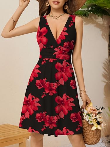 Image of OURIN Women's Spring Deep V Neck Sleeveless Floral Sundresses with Pockets Flowy Summer Dresses for Women