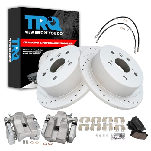 Image of TRQ Performance Rear Brake Pad and Rotor Set Ceramic Slotted Drilled Coated Calipers Compatible with 2007-2012 Lexus ES350 2008-2012 Toyota Avalon 2007-2011 Camry