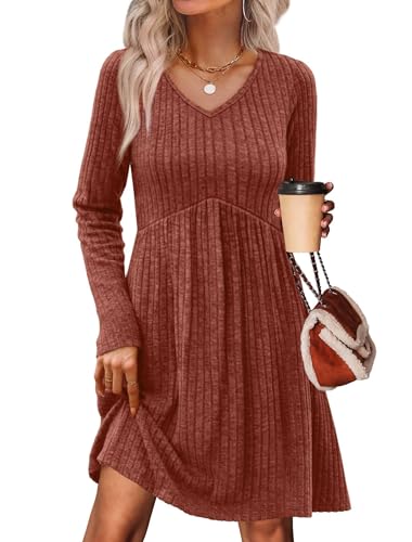 OFEEFAN Baby Doll Dresses Women V Neck Long Sleeve Homcoming Dress Winter Dresses for Women 2025 School Outfits for Teachers Birthday Dress Caramel Brown L