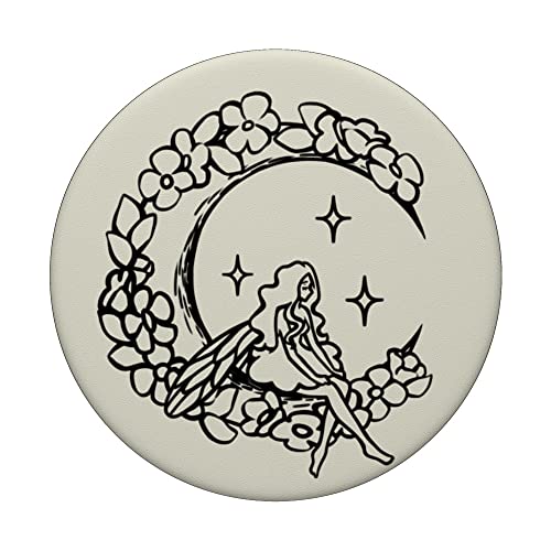 Coquette Fairy sits in Crescent Moon with Flowers PopSockets Swappable PopGrip, Black - Image 3