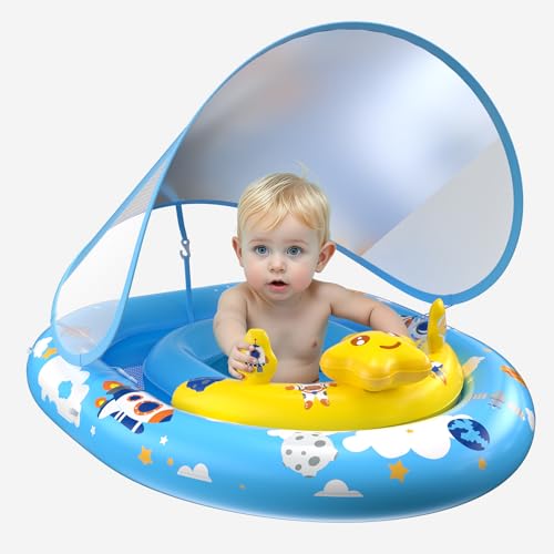 Baby Pool Float with Canopy UPF50+ Sun Protection, Baby Swimming Float with Toy Play Console, Toddler Pool Floats with Adjustable Safety Seat for Kids Infant Todder Girls Boys Aged 6-36 Months (Blue)