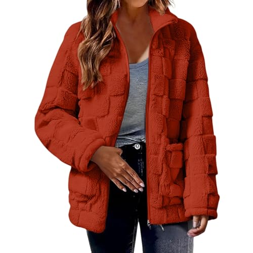 Chaqueta de invierno de felpa de forro polar grueso a cuadros mullida para mujer, abrigo con cremallera completa, chaqueta con aislamiento de forro polar, color sólido, talla grande, cuello de solapa
