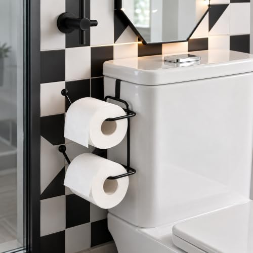 Image of Basicwise Over-the-Side Tank Double Toilet Paper Holder Compact Modern Bathroom Organizer Practical Storage Rack for Extra Rolls Offering Quick & Easy Access for Everyday Use Neat Space Accent, Black