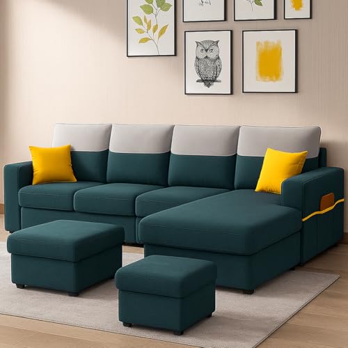 Image of Furny Tokiaa 8 Seater Fabric RHS L Shape Sofa Set with 1 Centre Table & 2 Puffy (Greenish Teal) | Soft Velvet Fabric | Modern Design | Comfortable Seating | Living Room Furniture