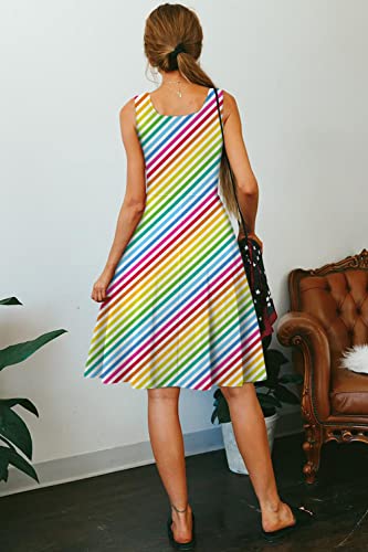 Image of uideazone Ladies Women Rainbow Sundress One Piece Halter Beach Dresses Sleeveless Pleated Sling Dresses for Beach Casual Home