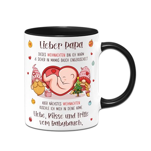 Tassenbrennerei Tasse - Lieber Papa dieses Weihnachten bin ich noch in Mamas Bauch - Kaffeetasse als Geschenk für werdenden Vater (Schwarz)
