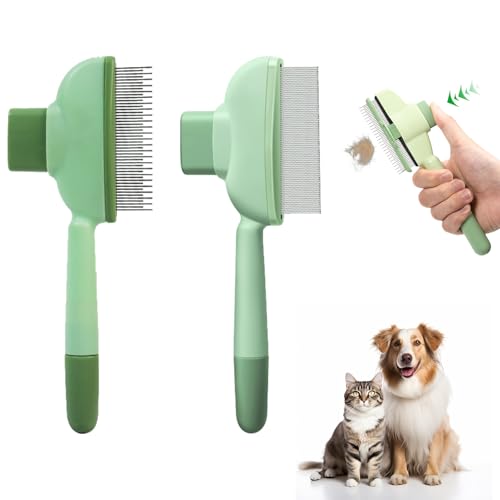 Pettine pulci per gatti e cani (2 pezzi) - Pettine autopulente per zecche, spazzola per la rimozione dei peli, pettine per pulci di animali con manico ergonomico