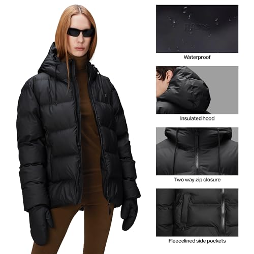 Image of RAINS Alta Puffer Jacket - Waterproof Winter Coat, Insulated Hood, Lightweight, Fleece Pockets, Warm for Cold Weather