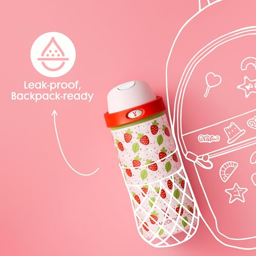 Image of 18 oz Insulated Water Bottle for Kids: Meoky Stainless Steel Water Bottle with 2-in-1 Straw and Spout Lid - Leak Proof, Cold for 24 Hours, BPA-Free for Girls School Sports, Strawberry Garden