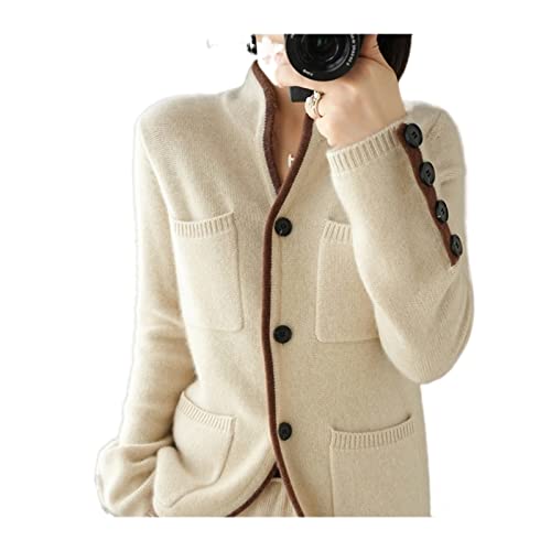 VATIVA Suéter de cachemira 100% para mujer de otoño/invierno con cuello alto tipo cárdigan, tops de punto casual, chaqueta (color: ECRU, talla: M)
