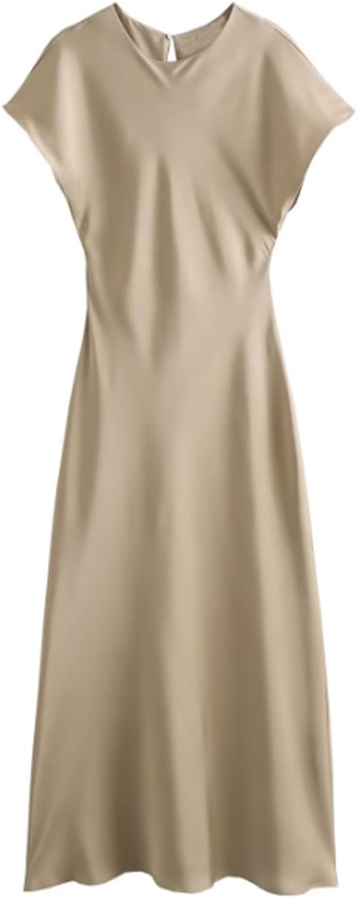 Casual Damen Sommer Seide Satin Midikleid Mit Flügelärmeln Elegt Rundhalsausschnitt Schlitz Cocktail Hochzeitsgast A-Linie Kleider, Khaki, M