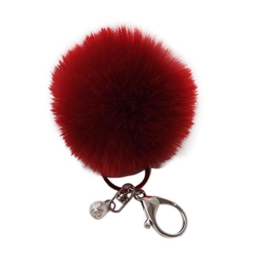 Bestpriceam Simple Cute Faux Rabbit Fur Ball Keychain Bag Plush Car Key Ring Car Key Pendant (Wine Red)
