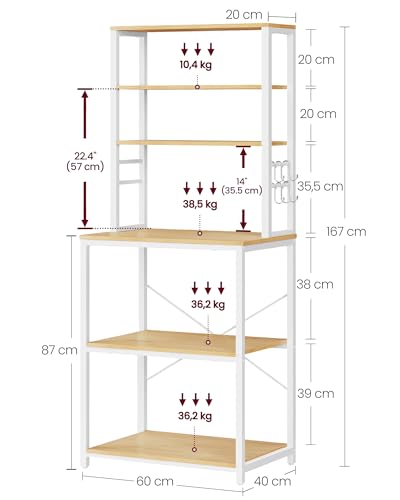 Image of VASAGLE Coffee Bar, 23.6 Inches Baker's Rack for Kitchen with Storage, 6-Tier Kitchen Shelves with 6 Hooks, Microwave Stand, Modern, Golden Oak and Cloud White UKKS024W09