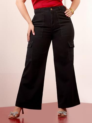 Image of Miss Chase A+ Women's Wide-Leg High-Rise Regular-Length Stretchable Cargo Denim Jeans