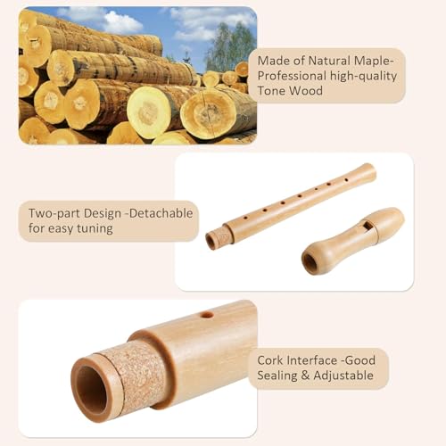 Upgrade 8-Loch Sopran Blockflöte Deutsche Griffweise, Flöte aus Premium Ahorn Holz, German Flute Wood Recorder mit Reinigungsset Etui, Holzblockflöte für Kinder Erwachsene Anfänger Schulflöte