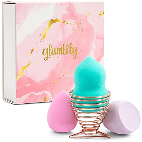 Makeup Sponge Foundation Blender Applicator Set with Rose Gold Holder (4 Pieces)