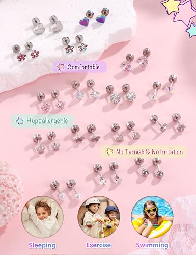 Image of CASSIECA 16 Pairs Hypoallergenic Screw Back Earrings for Women Girls 316L Stainless Steel CZ Ball Heart Flower Screwback Flat Back Stud Earrings Jewelry Gift Women Multicolored Pink