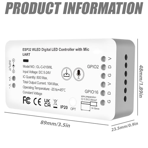 WLED Controlador ESP32 con micrófono – Digital LED Strip Controller para tiras LED direccionables RGB/RGBW (WS2812B, WS2811, SK6812) – 5-24 V CC, control de luz DIY con más de 100 efectos - imagen 3