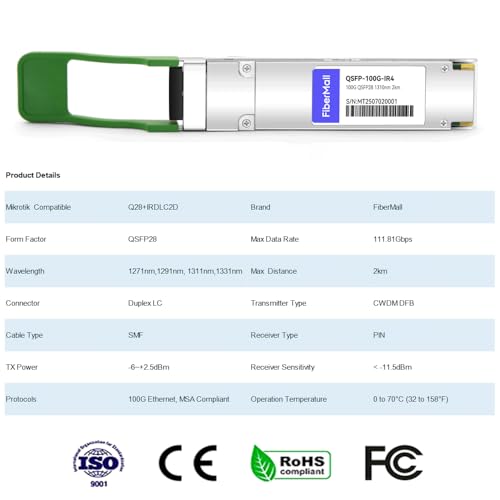 Image of 100G QSFP28 CWDM4 Optical Transceiver Module Compatible with Mikrotik Q28+IRDLC2D,100GBASE-CWDM4 QSFP28 IR4 1310nm 2km DOM
