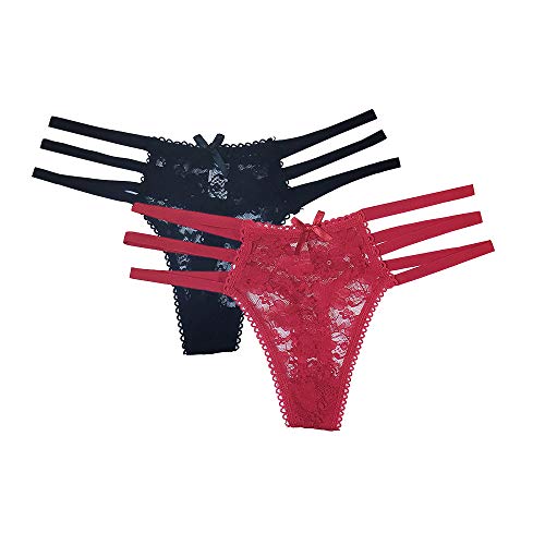 String Thong Sexy Panties for Women 2 Pack Bondaged Strappy Sexy Briefs Lace Gstring Thong Sexy Panties Red and Black