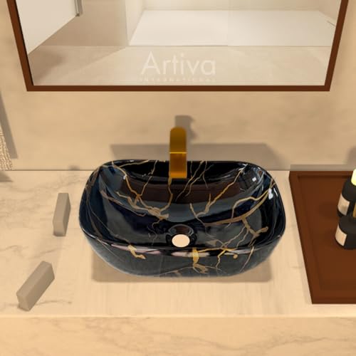 Image of Artiva Small Wash Basin Countertop /Tabletop Ceramic Bathroom Sink /Wash Basin Over Counter /Wash Basin For Bathroom (Porto Black, 10x14 Inch)