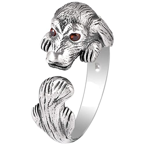Bague femme ajustable en argent S925 avec zircon rouge et motif chien original